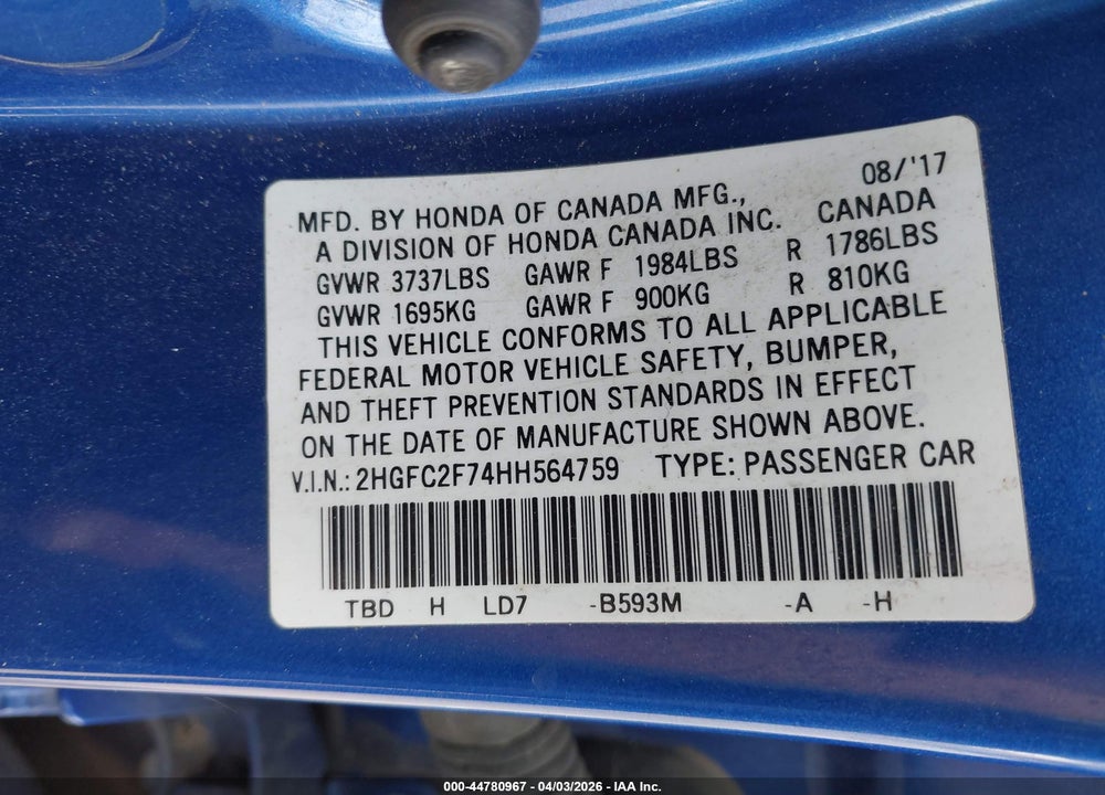 2017 HONDA CIVIC EX VIN: 2HGFC2F74HH564759