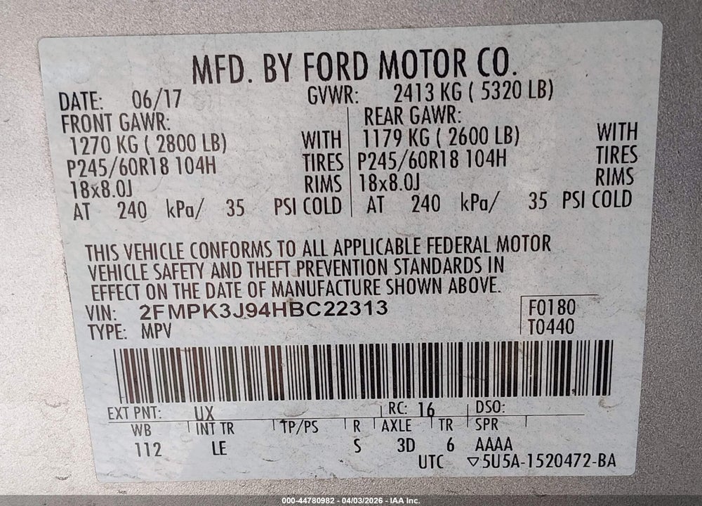 2017 FORD EDGE SEL VIN: 2FMPK3J94HBC22313