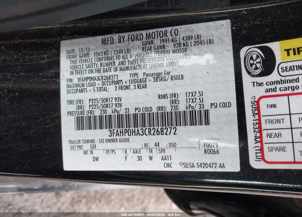 2012 FORD FUSION SE VIN: 3FAHP0HA3CR268272