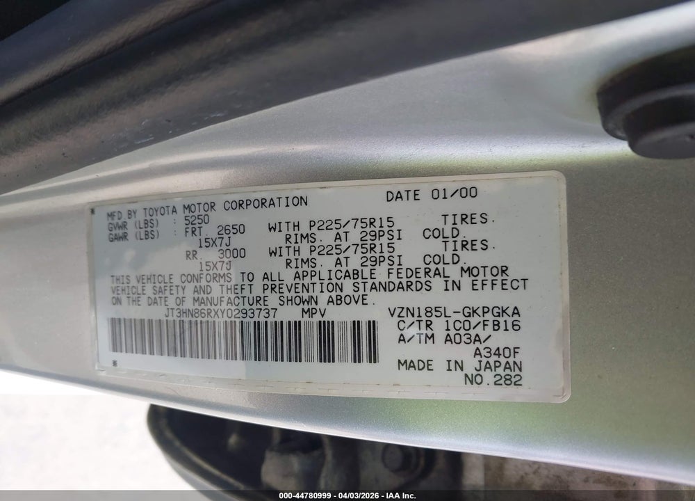 2000 TOYOTA 4RUNNER SR5 V6 VIN: JT3HN86RXY0293737