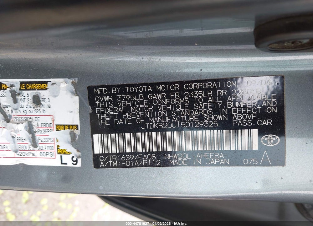 2005 TOYOTA PRIUS VIN: JTDKB20U150129325