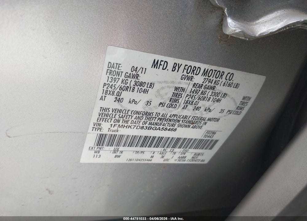 2011 FORD EXPLORER XLT VIN: 1FMHK7D83BGA58468
