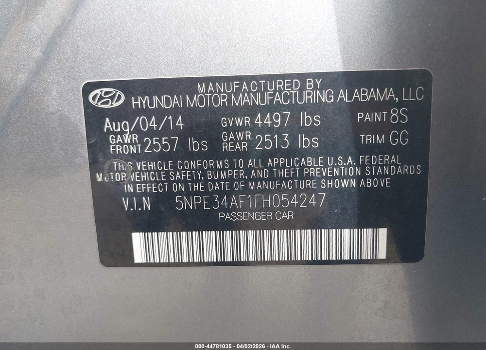 2015 HYUNDAI SONATA SPORT VIN: 5NPE34AF1FH054247