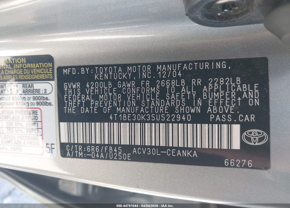 2005 TOYOTA CAMRY LE VIN: 4T1BE30K35U522940