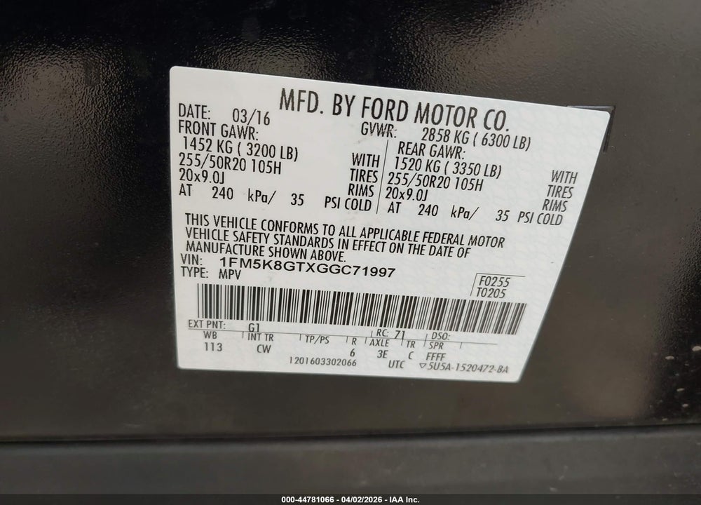 2016 FORD EXPLORER SPORT VIN: 1FM5K8GTXGGC71997
