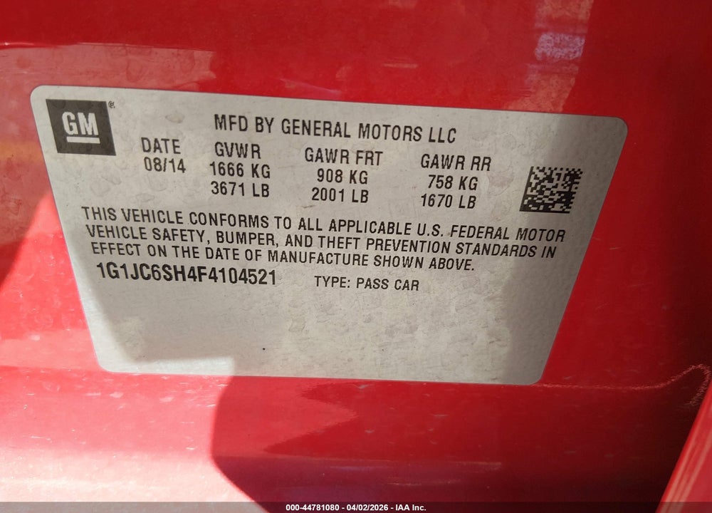2015 CHEVROLET SONIC LT AUTO VIN: 1G1JC6SH4F4104521