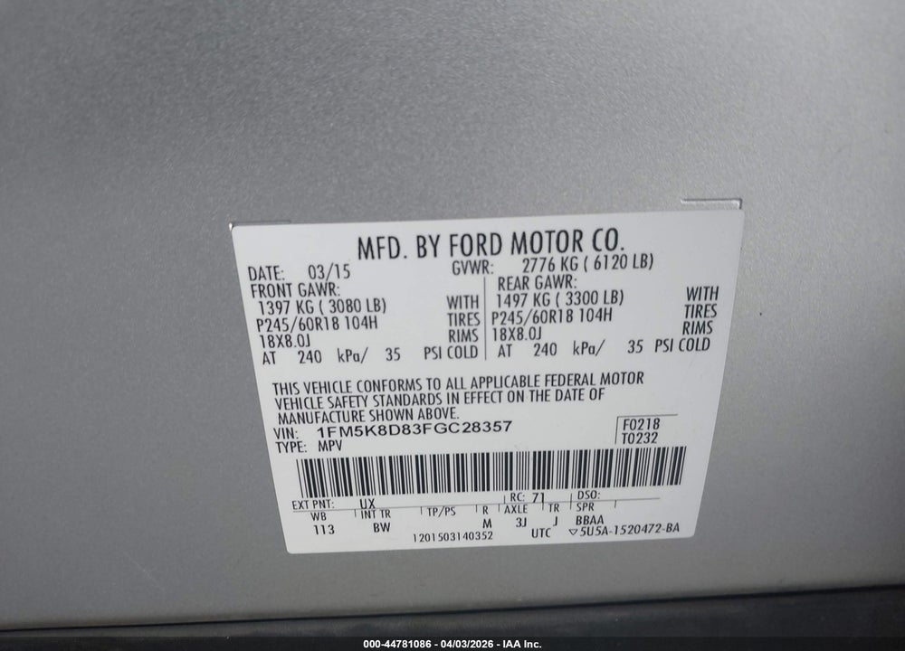 2015 FORD EXPLORER XLT VIN: 1FM5K8D83FGC28357