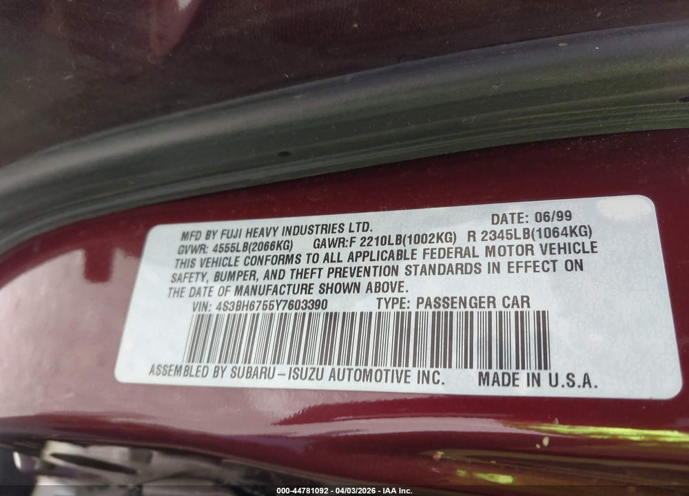 2000 SUBARU OUTBACK VIN: 4S3BH6755Y7603390