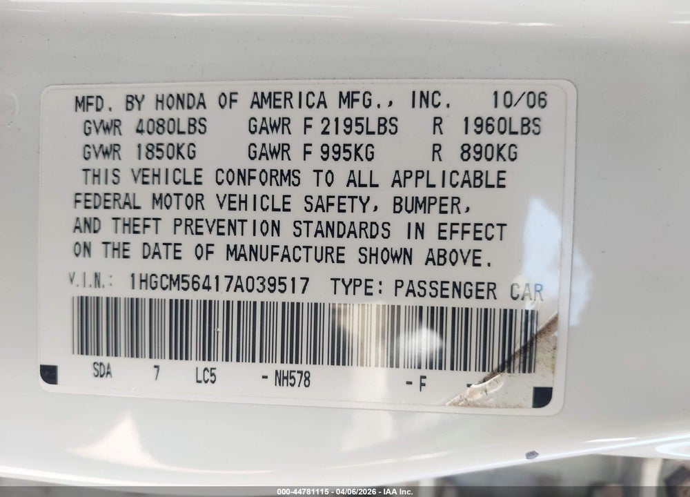 2007 HONDA ACCORD 2.4 LX VIN: 1HGCM56417A039517