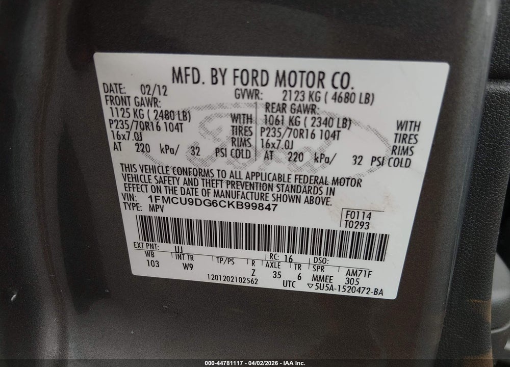 2012 FORD ESCAPE XLT VIN: 1FMCU9DG6CKB99847