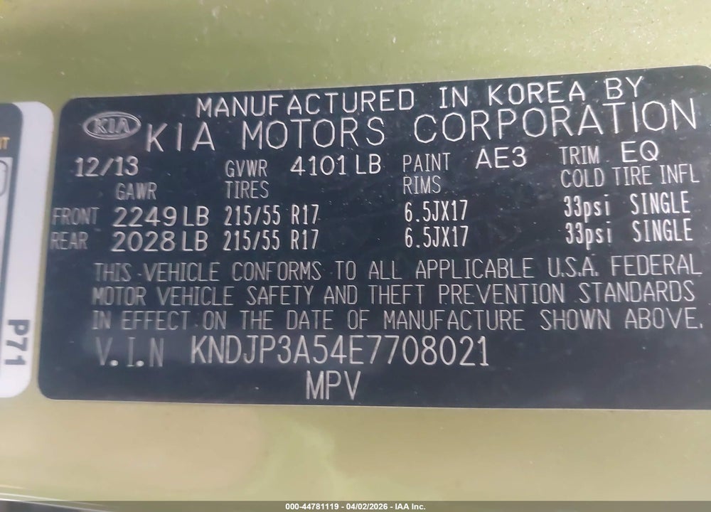 2014 KIA SOUL + VIN: KNDJP3A54E7708021