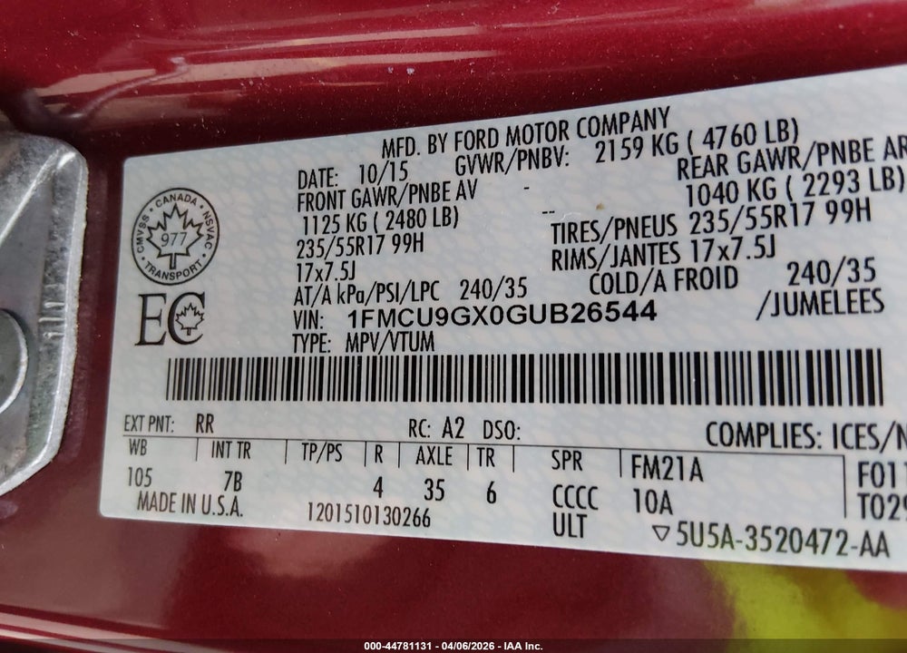 2016 FORD ESCAPE SE VIN: 1FMCU9GX0GUB26544