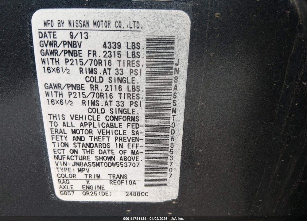 2013 NISSAN ROGUE S VIN: JN8AS5MT0DW553707