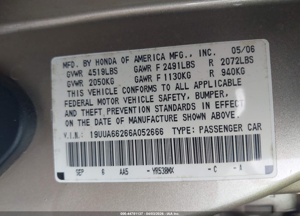 2006 ACURA TL VIN: 19UUA66266A052666