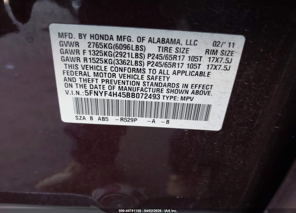 2011 HONDA PILOT EX VIN: 5FNYF4H45BB072493