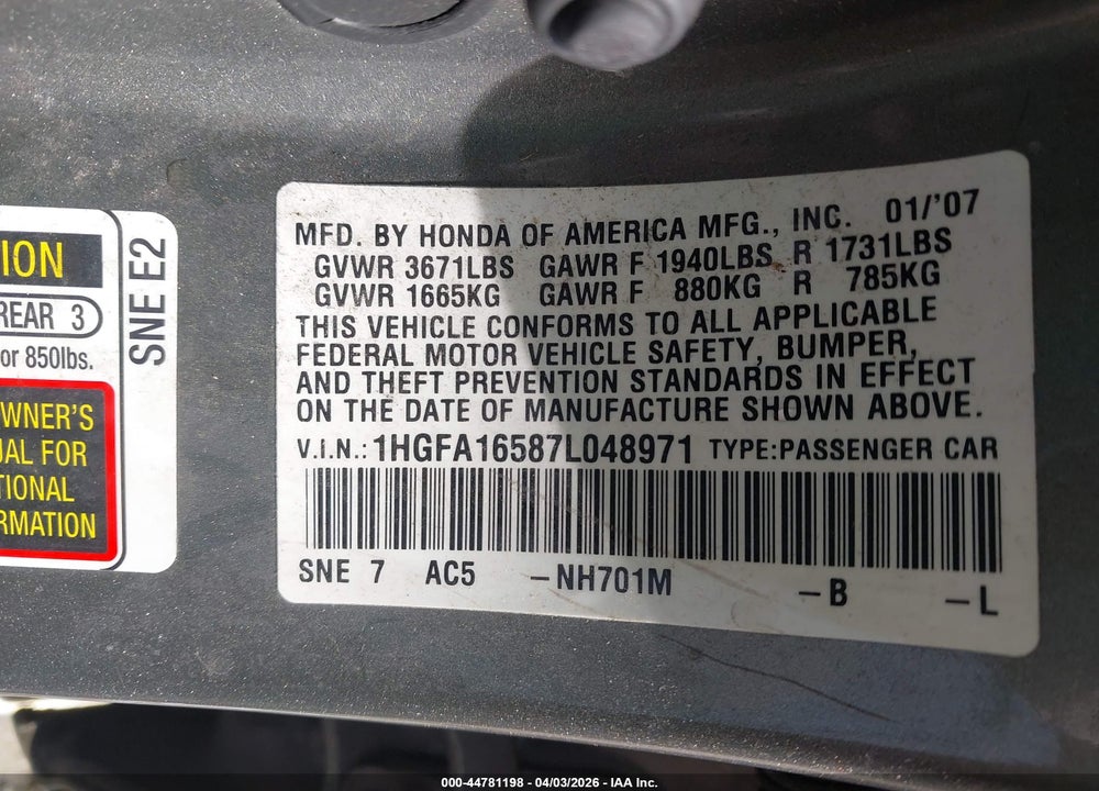 2007 HONDA CIVIC LX VIN: 1HGFA16587L048971