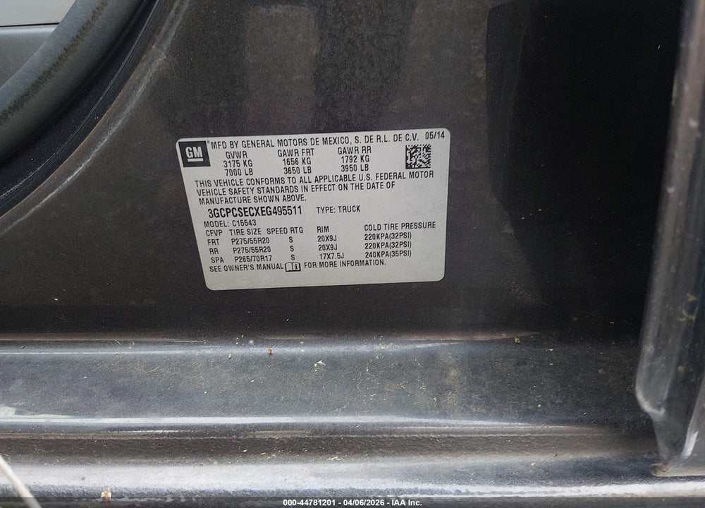 2014 CHEVROLET SILVERADO 1500 1LZ VIN: 3GCPCSECXEG495511