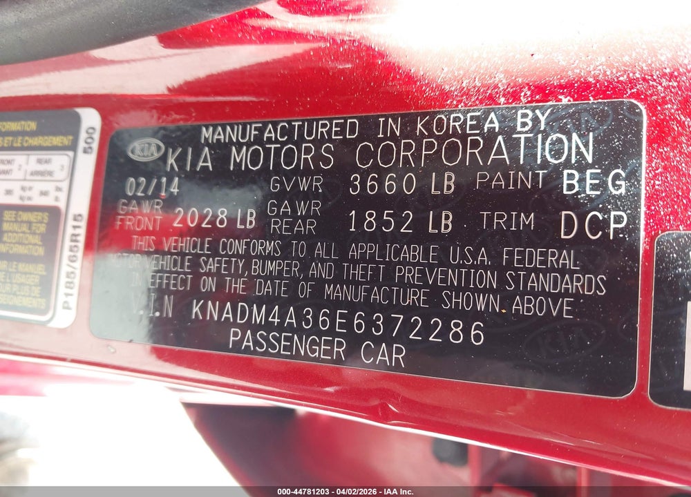 2014 KIA RIO LX VIN: KNADM4A36E6372286