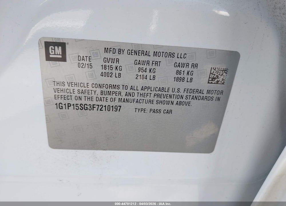 2015 CHEVROLET CRUZE L MANUAL VIN: 1G1P15SG3F7210197