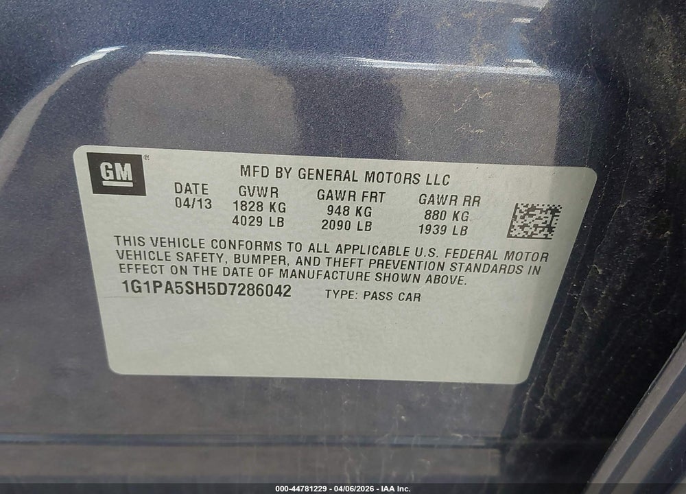 2013 CHEVROLET CRUZE LS AUTO VIN: 1G1PA5SH5D7286042