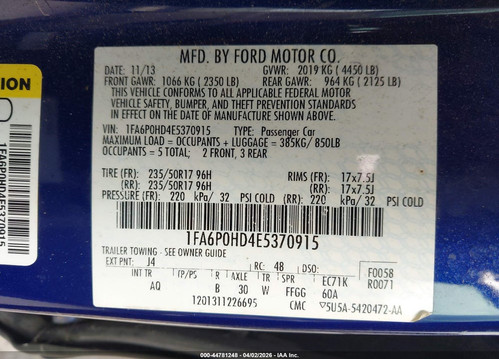 2014 FORD FUSION SE VIN: 1FA6P0HD4E5370915