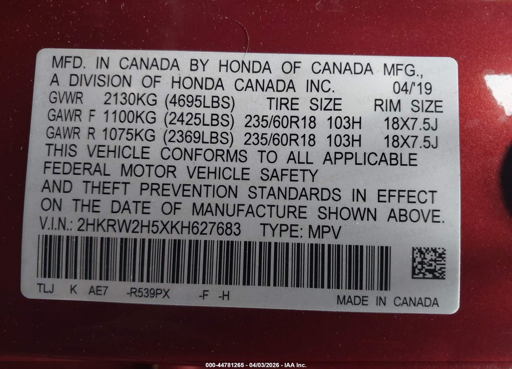 2019 HONDA CR-V EX VIN: 2HKRW2H5XKH627683