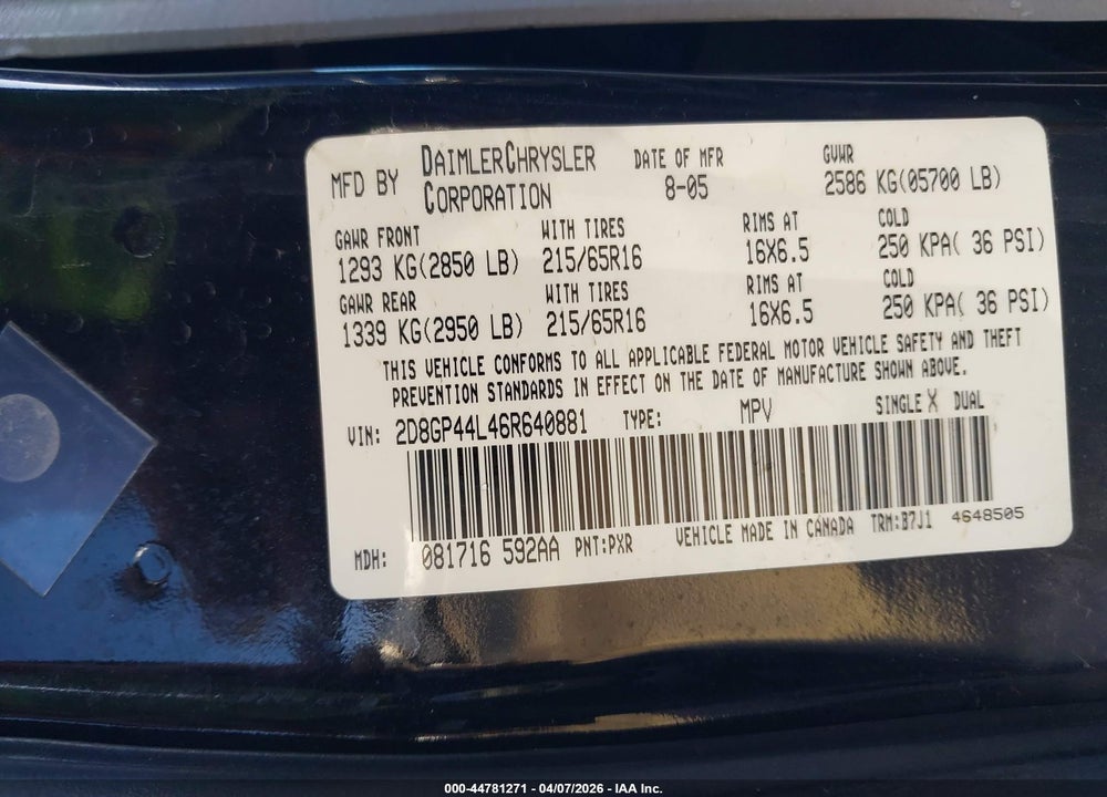 2006 DODGE GRAND CARAVAN SXT VIN: 2D8GP44L46R640881