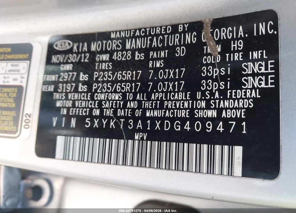 2013 KIA SORENTO LX VIN: 5XYKT3A1XDG409471