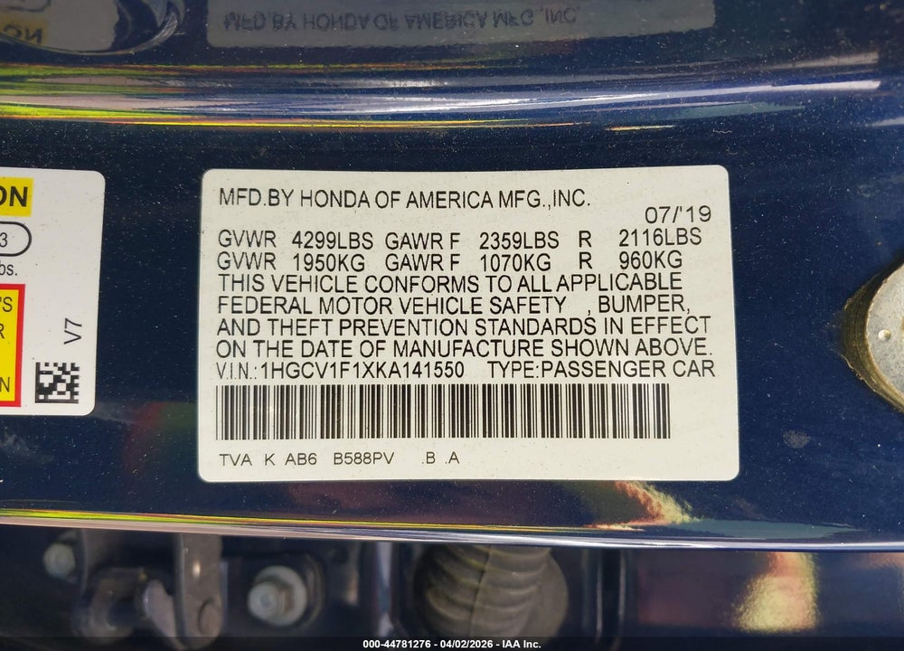 2019 HONDA ACCORD LX VIN: 1HGCV1F1XKA141550