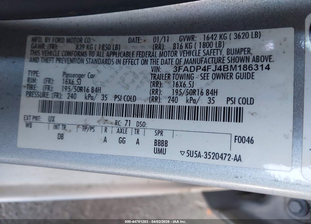 2011 FORD FIESTA SES VIN: 3FADP4FJ4BM186314