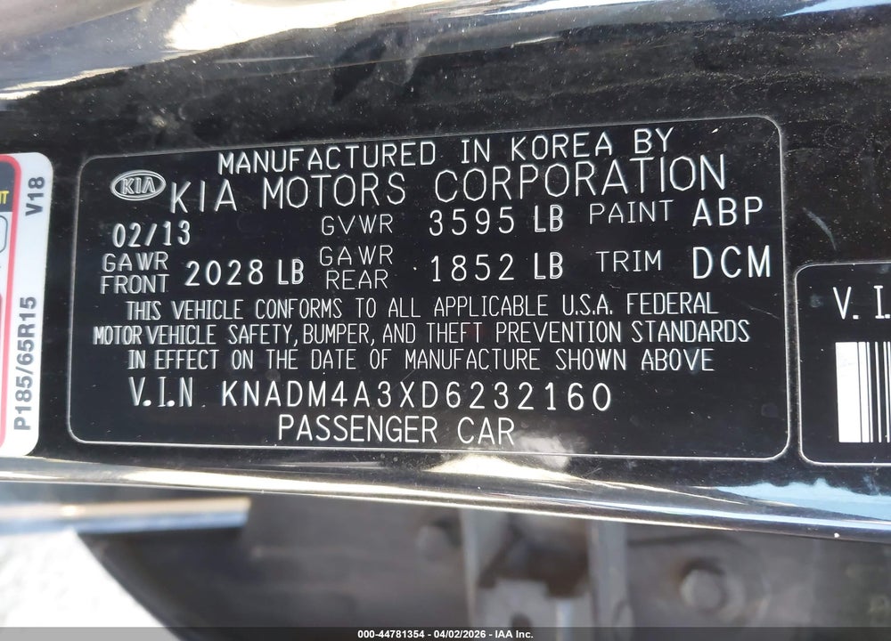 2013 KIA RIO LX VIN: KNADM4A3XD6232160