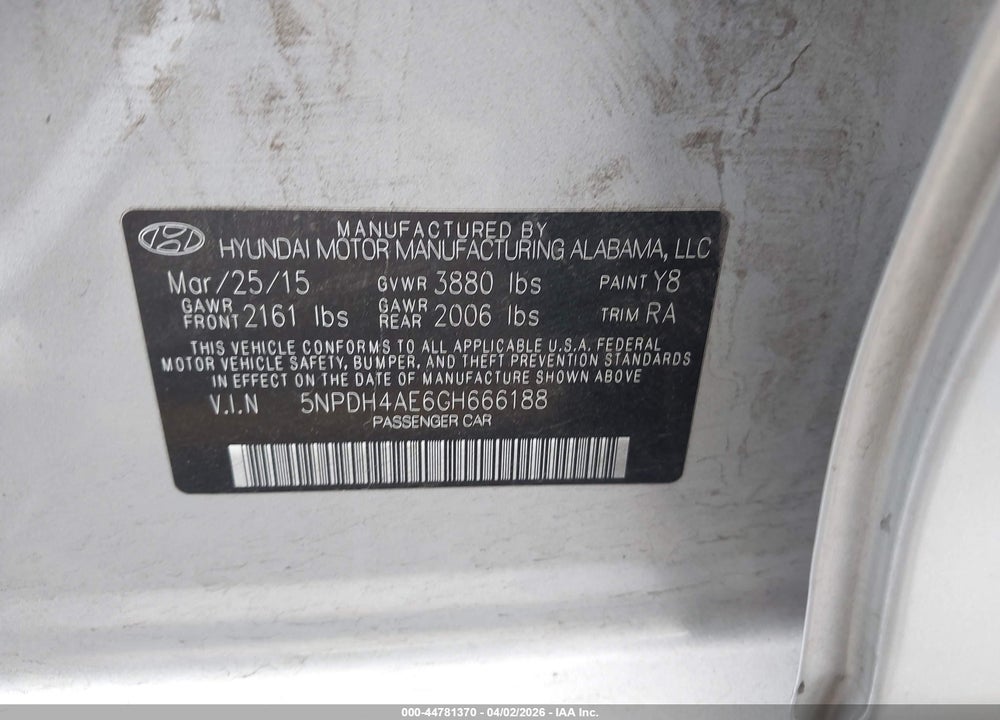 2016 HYUNDAI ELANTRA SE VIN: 5NPDH4AE6GH666188
