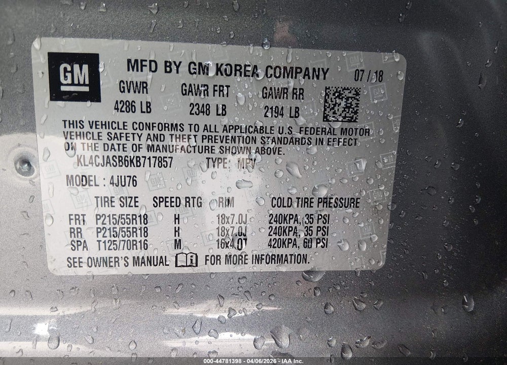 2019 BUICK ENCORE FWD PREFERRED VIN: KL4CJASB6KB717857