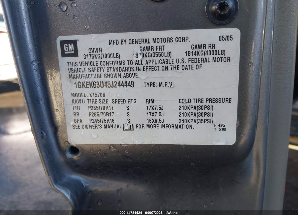 2005 GMC YUKON DENALI VIN: 1GKEK63U45J244449