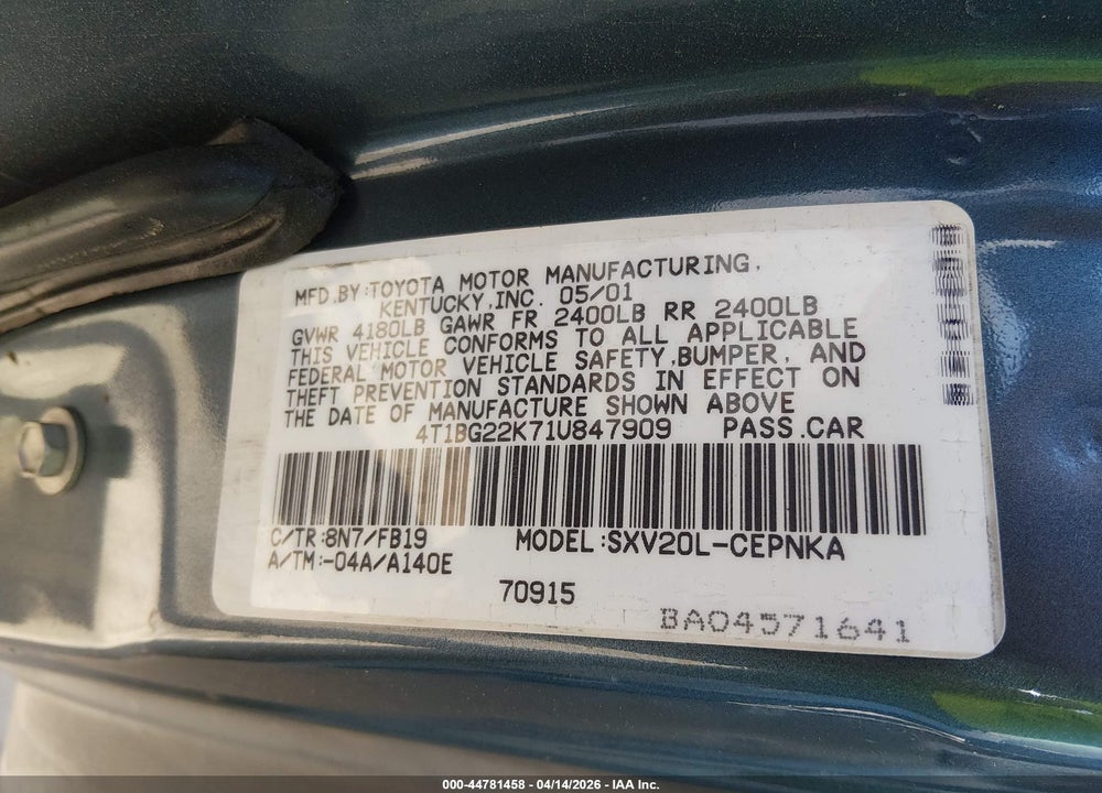 2001 TOYOTA CAMRY LE VIN: 4T1BG22K71U847909