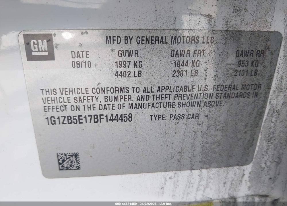 2011 CHEVROLET MALIBU VIN: 1G1ZB5E17BF144458
