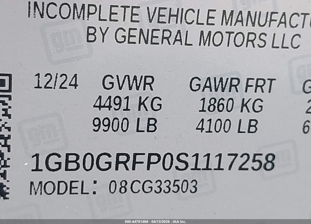 2025 CHEVROLET EXPRESS CUTAWAY WORK VAN VIN: 1GB0GRFP0S1117258