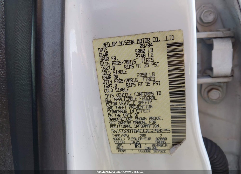 2004 NISSAN XTERRA XE VIN: 5N1ED28T84C662025