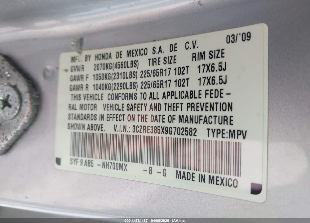 2009 HONDA CR-V EX VIN: 3CZRE385X9G702582