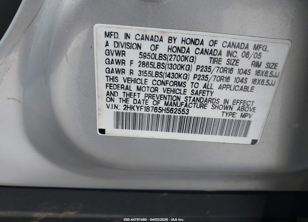 2005 HONDA PILOT EX-L VIN: 2HKYF18765H562553