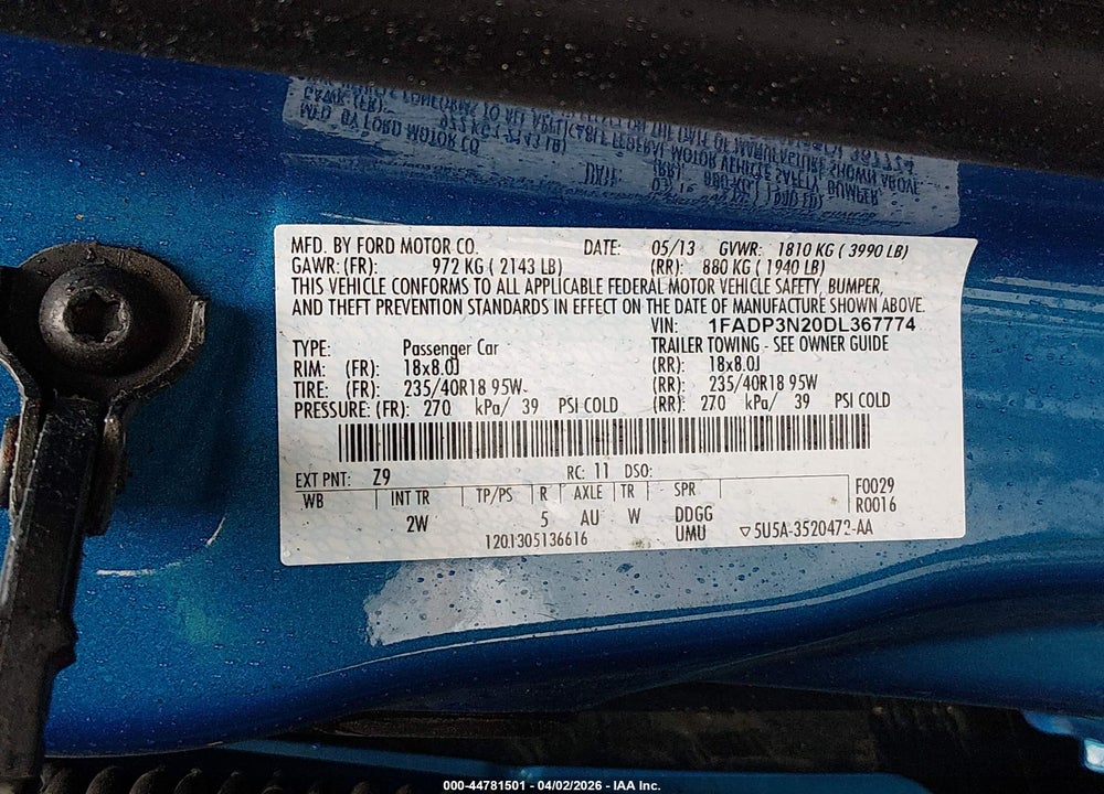 2013 FORD FOCUS TITANIUM VIN: 1FADP3N20DL367774