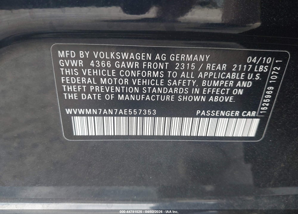2010 VOLKSWAGEN CC SPORT VIN: WVWMN7AN7AE557353