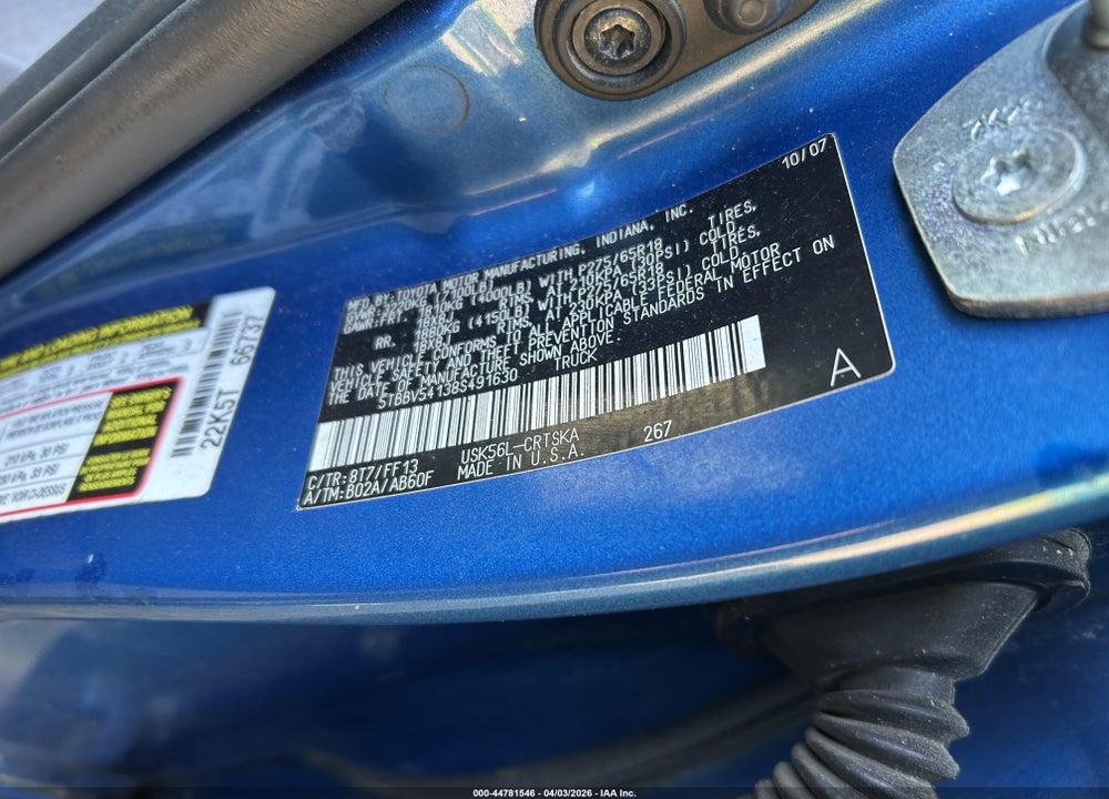 2008 TOYOTA TUNDRA SR5 5.7L V8 VIN: 5TBBV54138S491630
