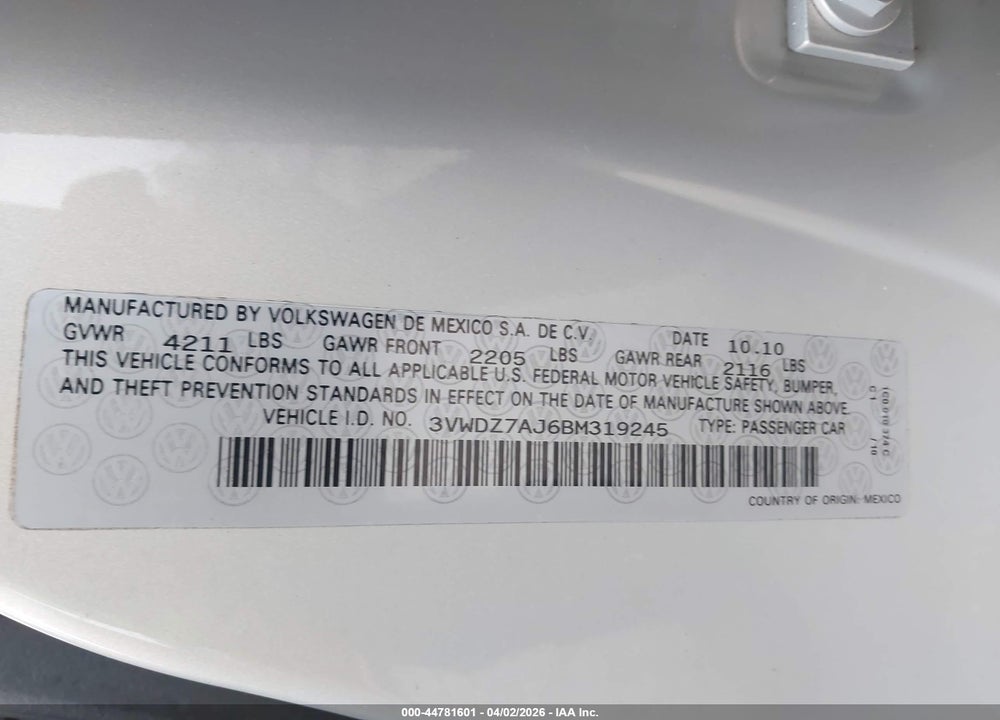 2011 VOLKSWAGEN JETTA 2.5L SE VIN: 3VWDZ7AJ6BM319245