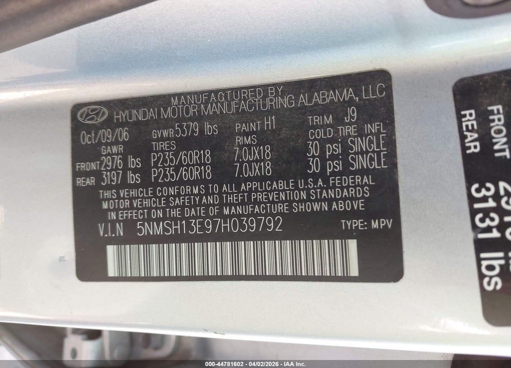 2007 HYUNDAI SANTA FE LIMITED/SE VIN: 5NMSH13E97H039792