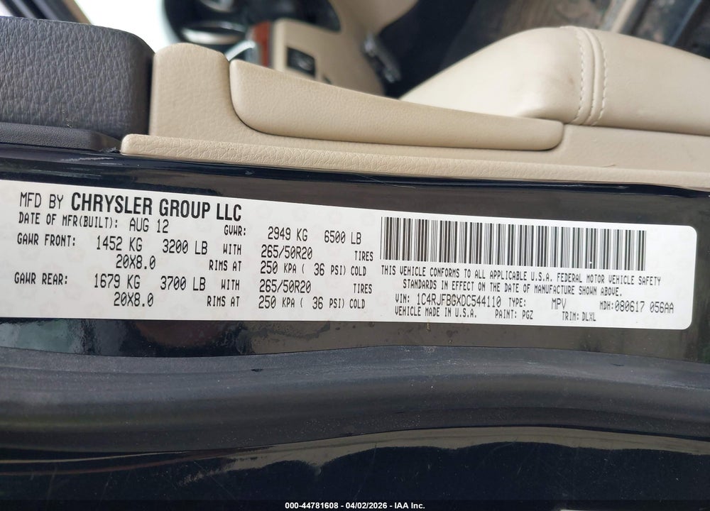 2013 JEEP GRAND CHEROKEE LIMITED VIN: 1C4RJFBGXDC544110