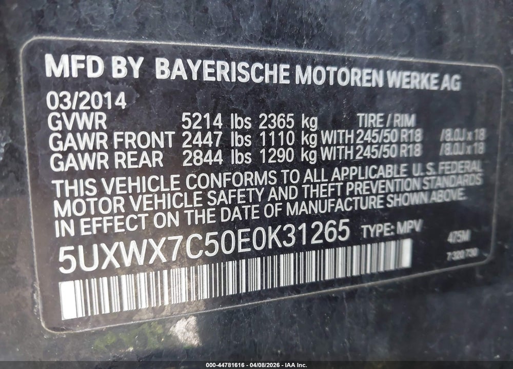 2014 BMW X3 XDRIVE35I VIN: 5UXWX7C50E0K31265