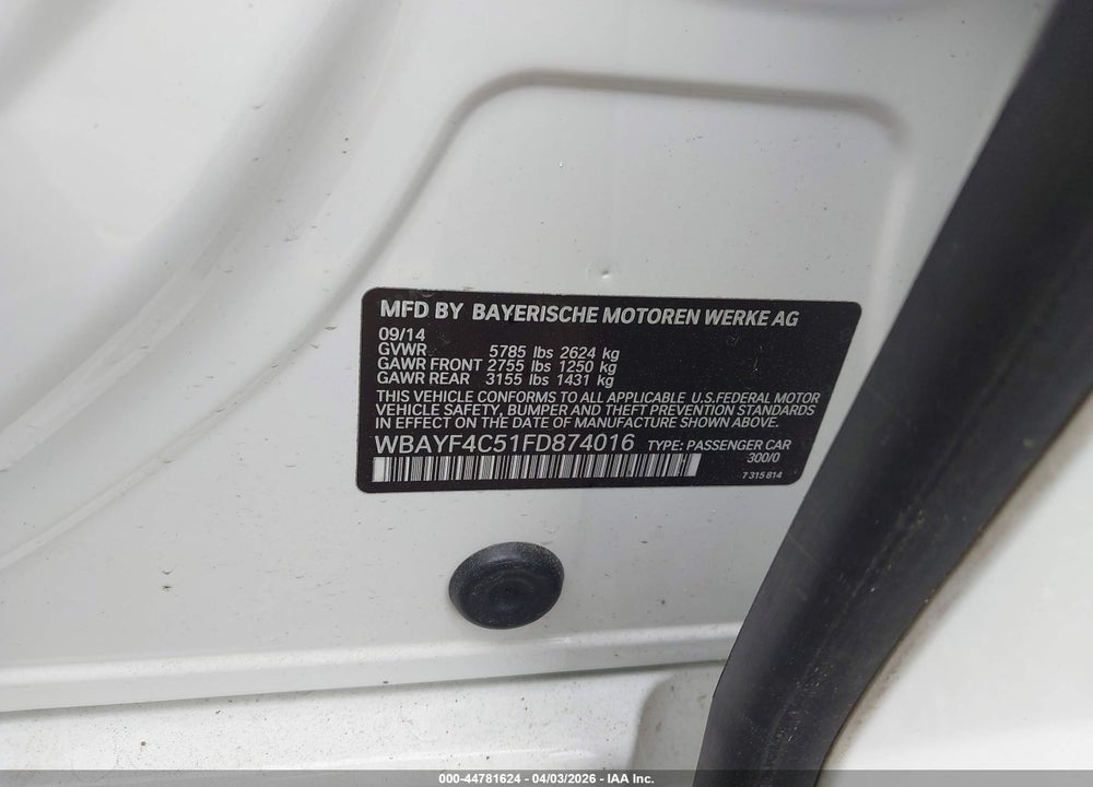2015 BMW 740LI XDRIVE VIN: WBAYF4C51FD874016