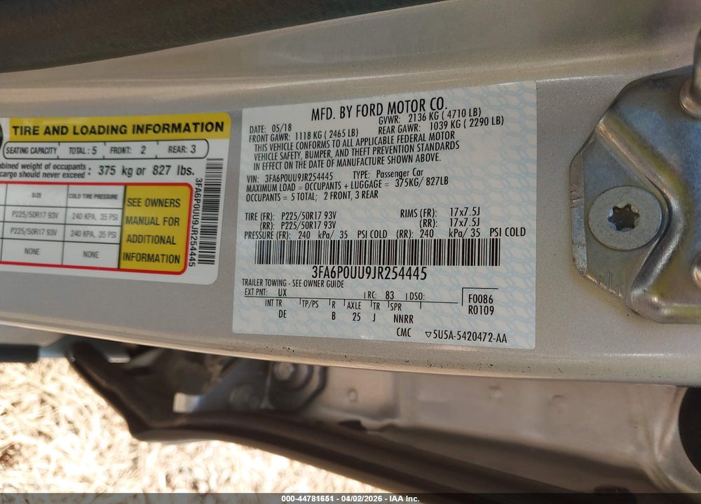 2018 FORD FUSION HYBRID S VIN: 3FA6P0UU9JR254445