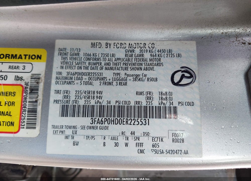 2014 FORD FUSION SE VIN: 3FA6P0HD0ER225531